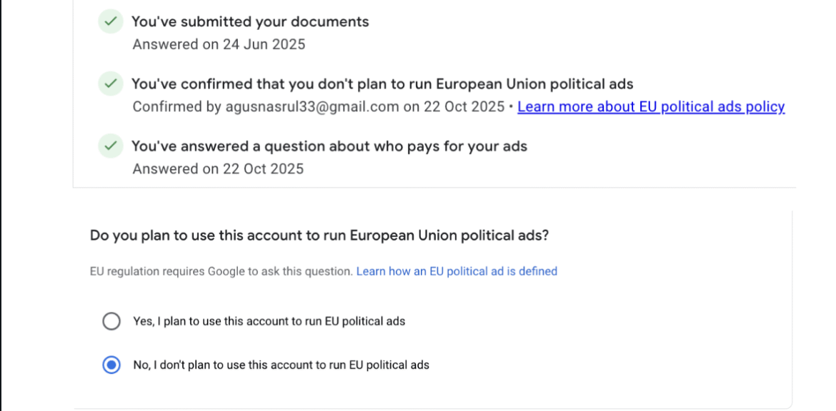 Cara Memperbaiki Google Ads Karena Ada Notifikasi Plan to run European Union Political Ads?