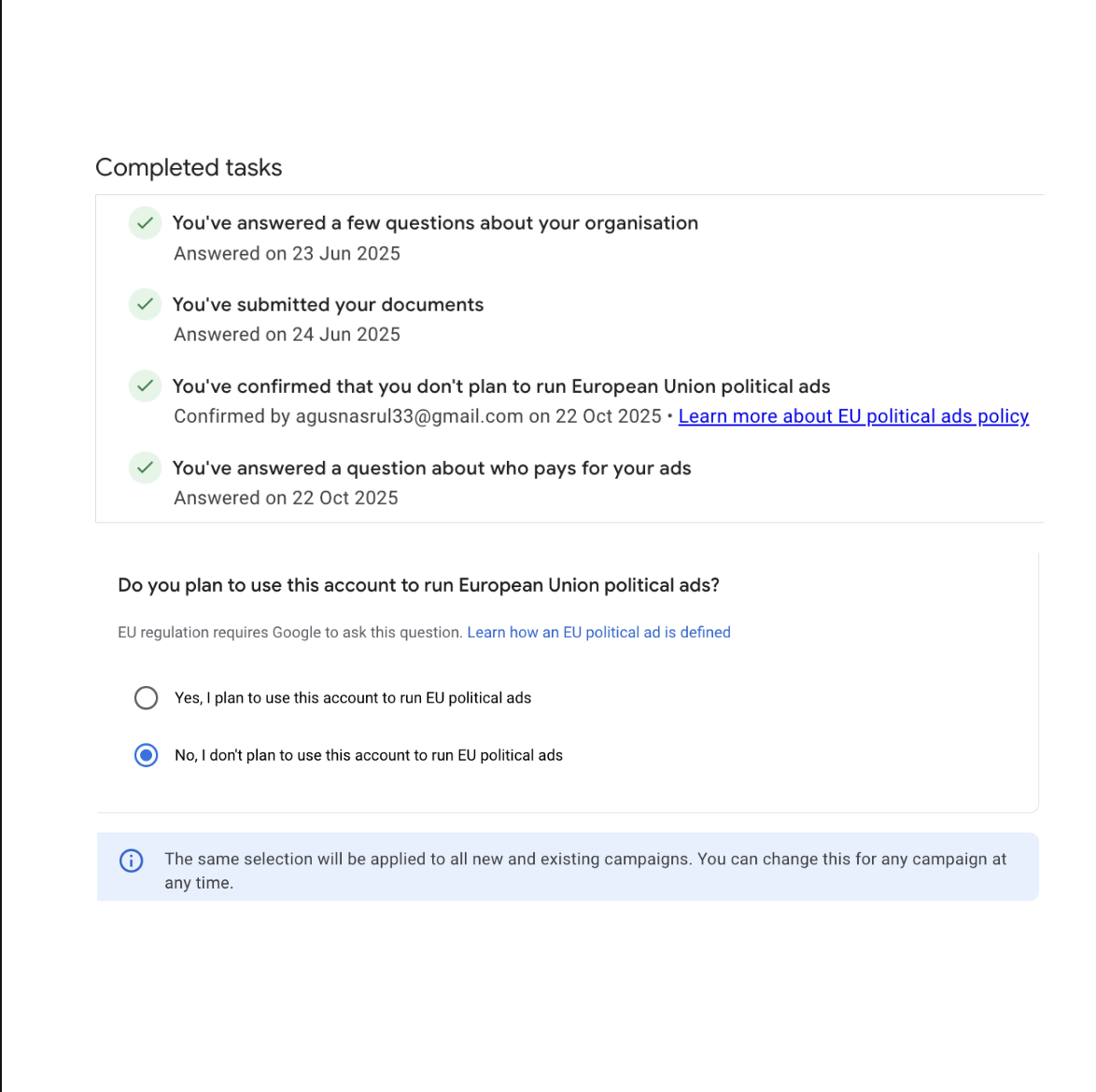 Cara Memperbaiki Google Ads Karena Ada Notifikasi Plan to run European Union Political Ads?