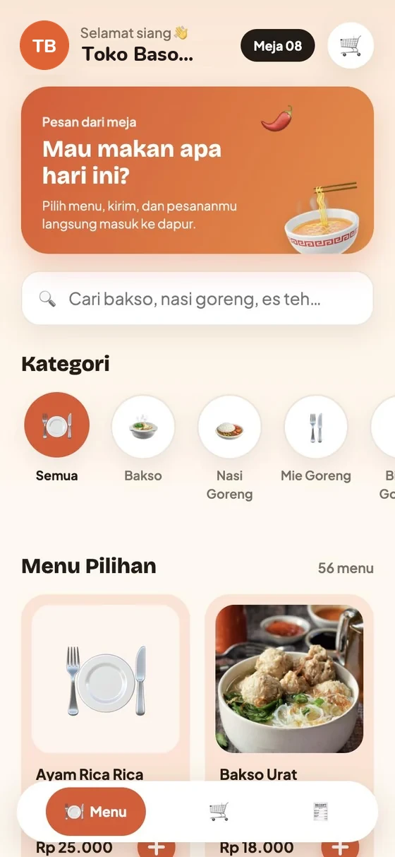 Tampilan menu di HP pelanggan setelah scan QR meja