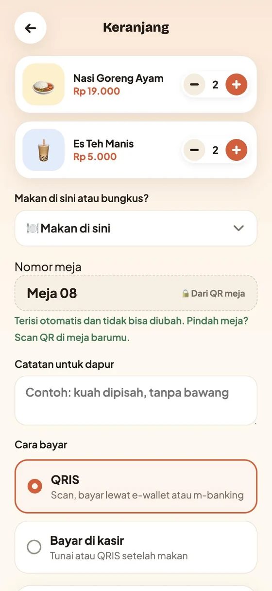 Keranjang pesanan dengan pilihan makan di sini atau bungkus dan cara bayar