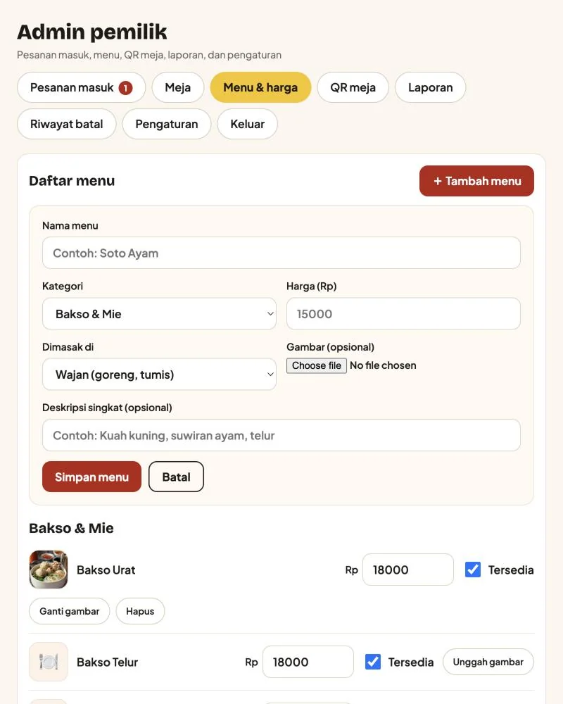 Admin pemilik: atur menu, harga, dan stok