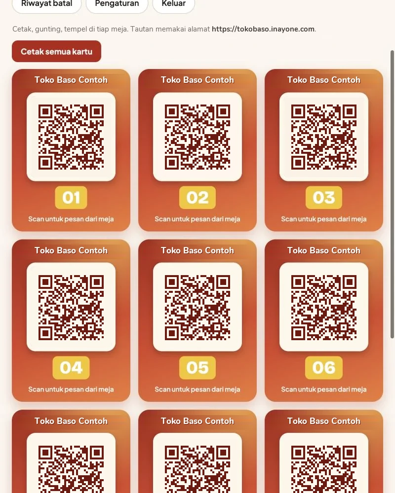 Kartu QR siap cetak untuk setiap meja